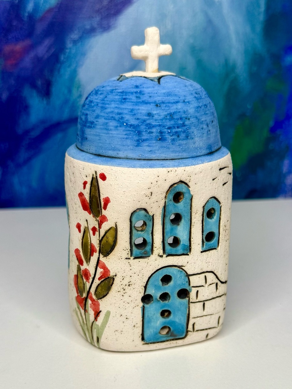 Greek Isle Church Ceramic Candle Holder signed Melody Tea Light Handmade Art